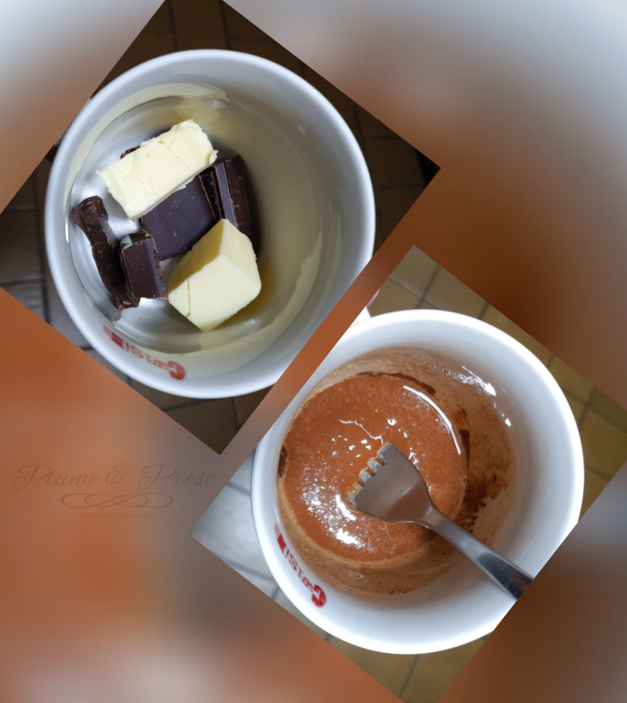Préparation du mugcake chocolat-framboise