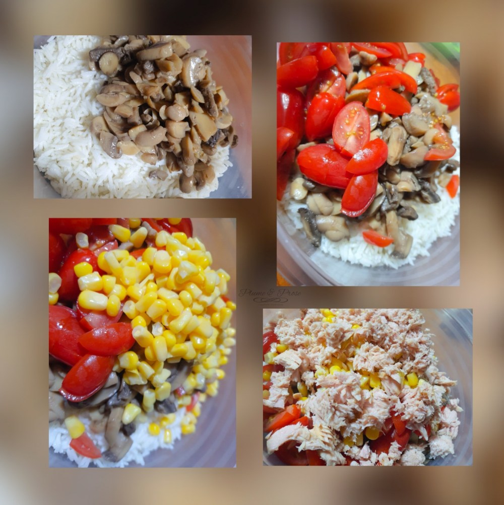 Préparation d'une salade de riz au thon, champignons et poivrons.