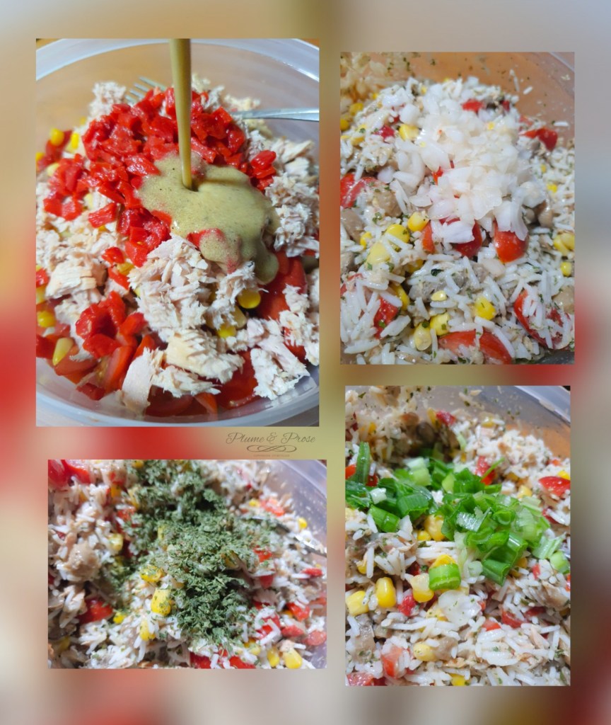 Préparation d'une salade de riz au thon, champignons et poivrons.