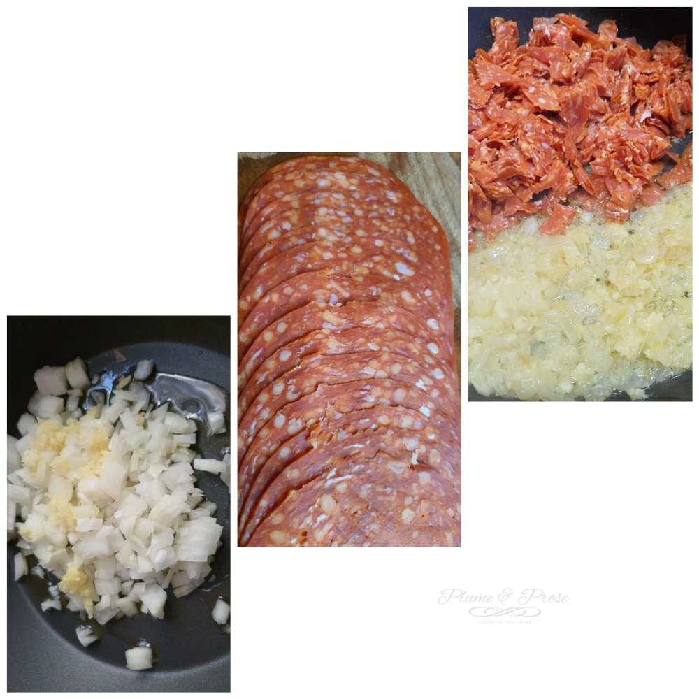 Préparation du gratin de chorizo et oeufs