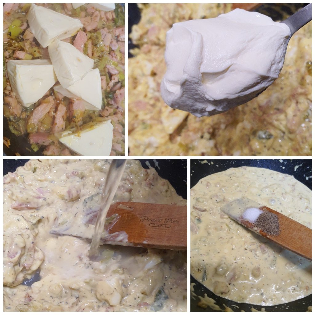 Préparation des fusilli poireaux-vache qui rit