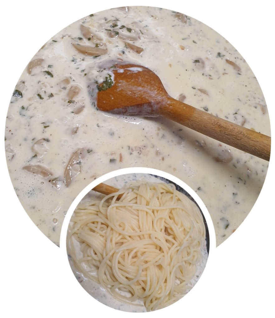 Préparation des pâtes crémeuses au chèvre et champignons