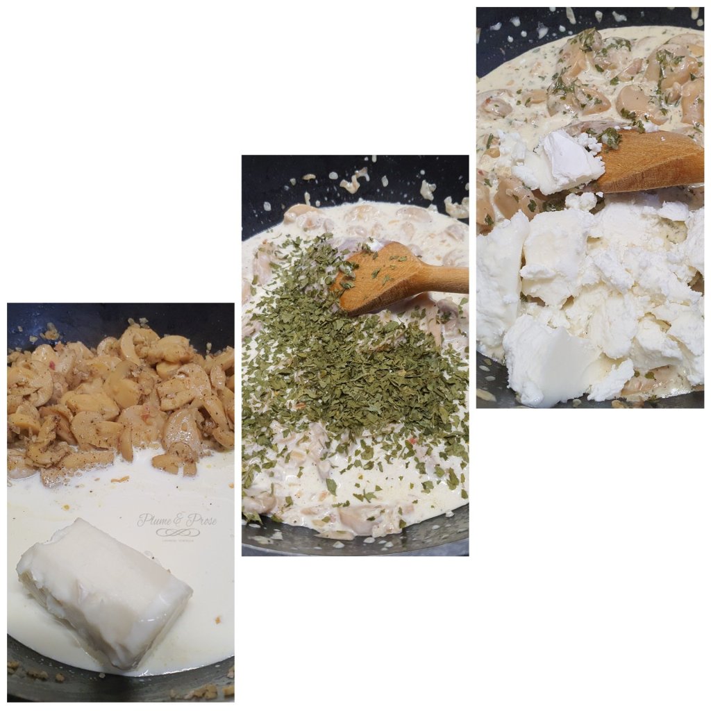 Préparation des pâtes crémeuses au chèvre et champignons