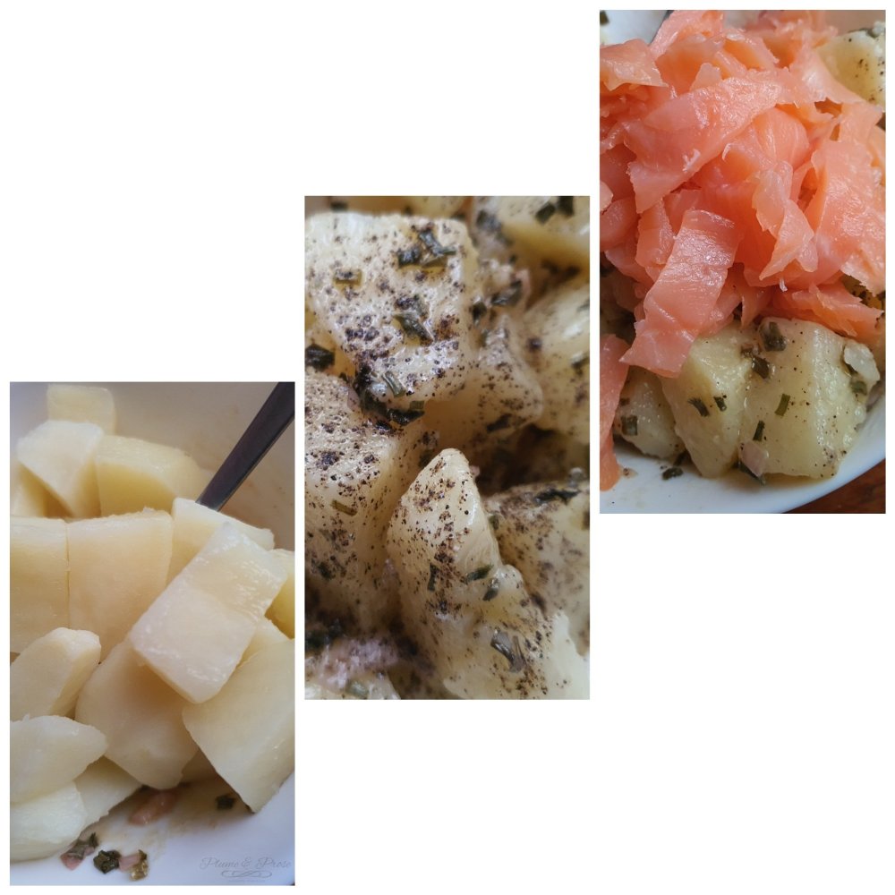 Préparation de le salade de Pommes de terre au Saumon