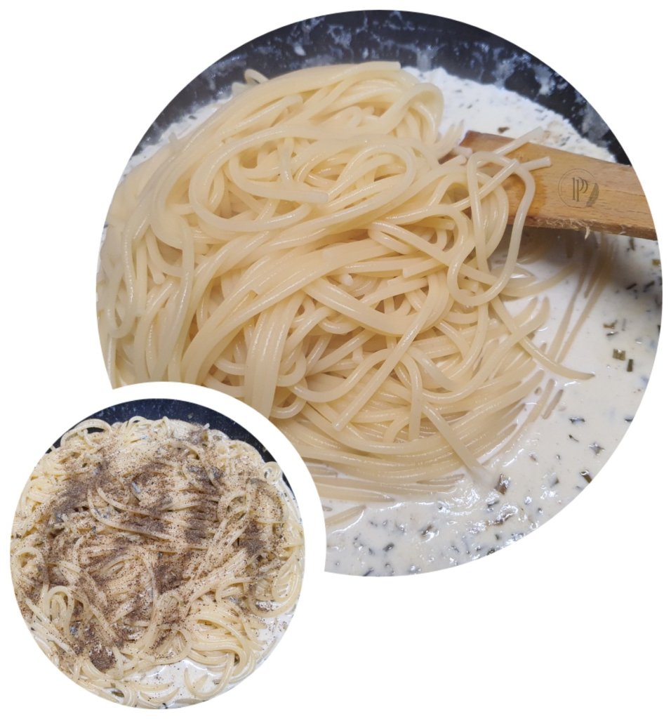 Préparation des spaghetti au roquefort