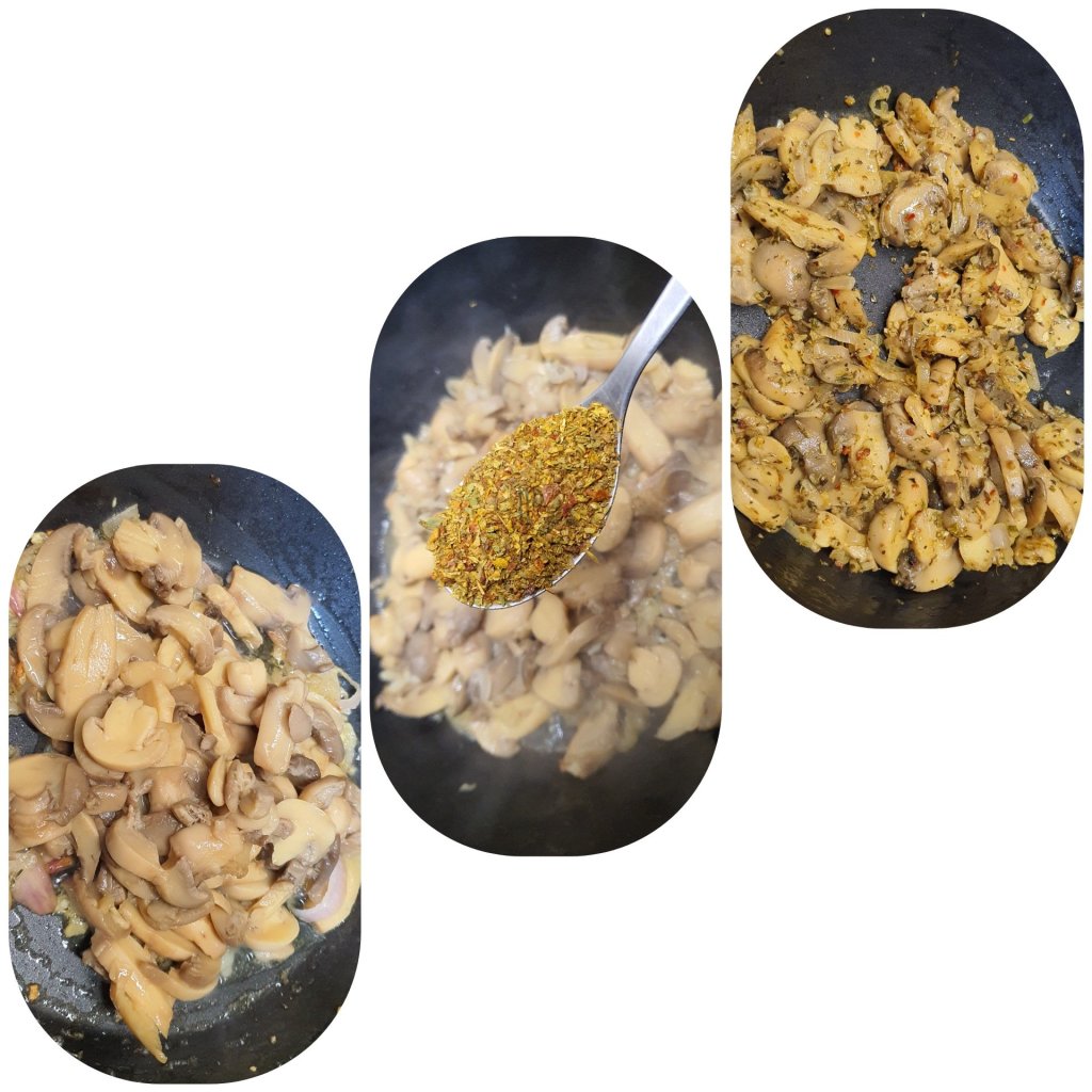 Préparation des "Pasta ai funghi e gorgonzola" ou les Pâtes aux champignons et gorgonzola