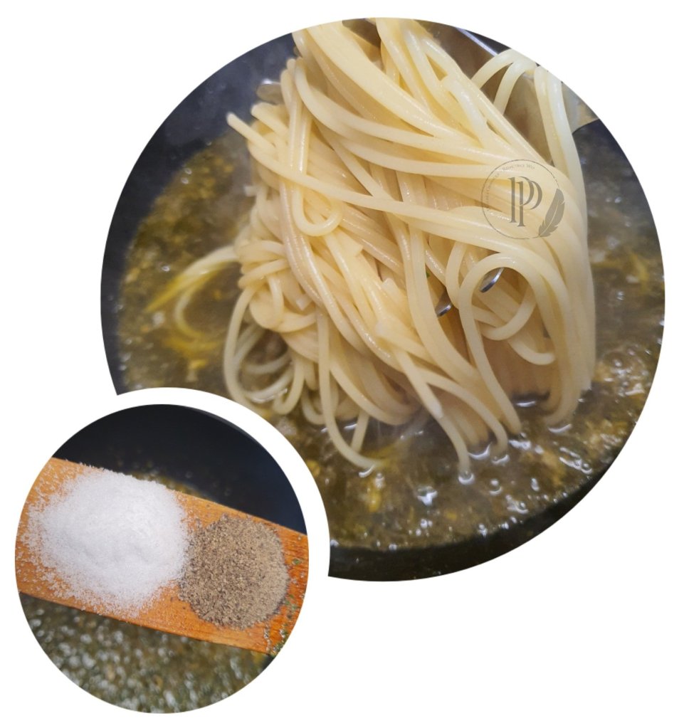 Préparation des "Spaghetti aglio e olio" ou les "Spaghetti ail et huile d'olive"